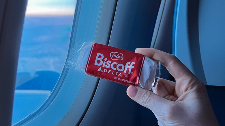 Hand holding Biscoff cookie up to Delta airplane window