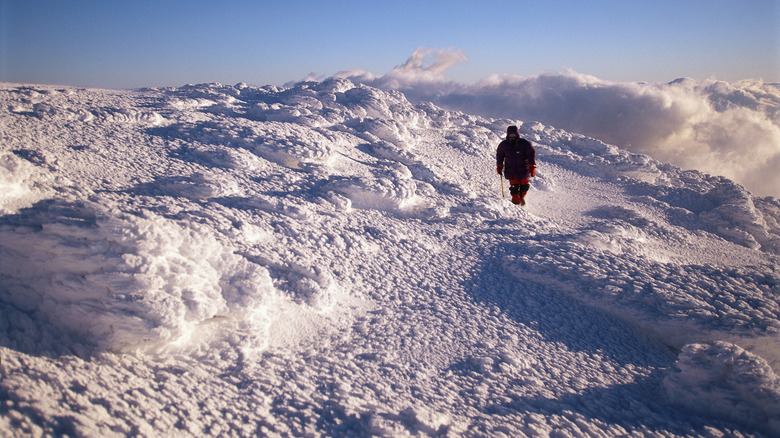 Hiker in snow on Mt. Washington in New Hampshire