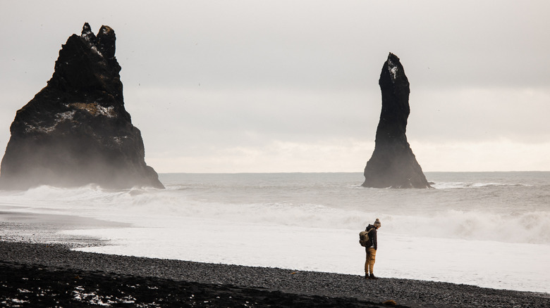 Person standing by the water at Reynisfjara Black Sand Beach