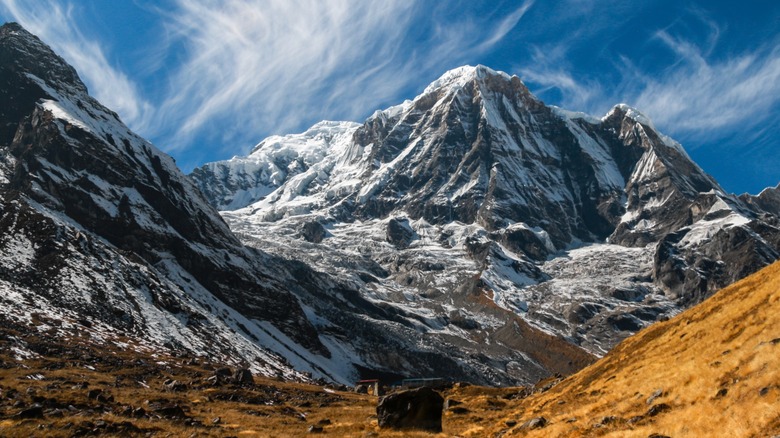 View of the Himalayas from nearby Annapurna Base Camp in Nepal on a sunny day in November