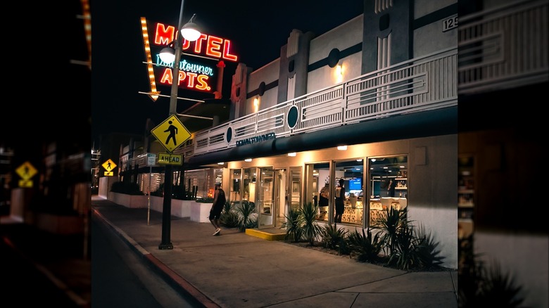 Downtowner motel front at night