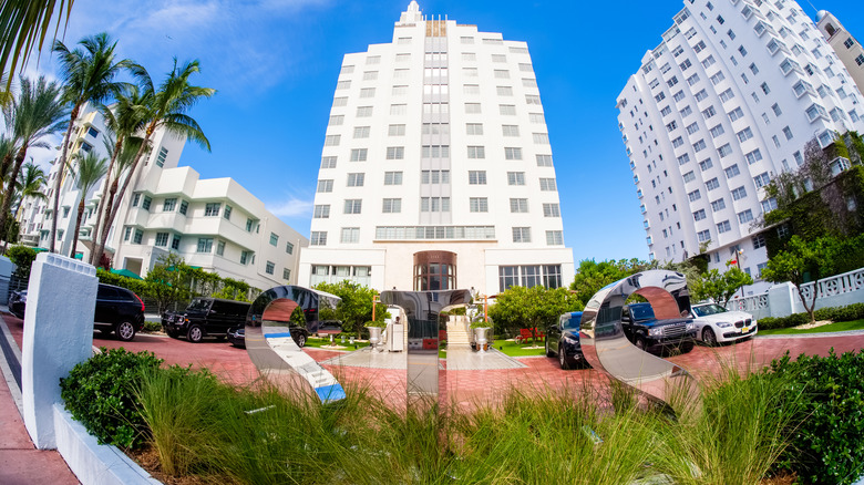 A ground view of the outside of the SLS South Beach