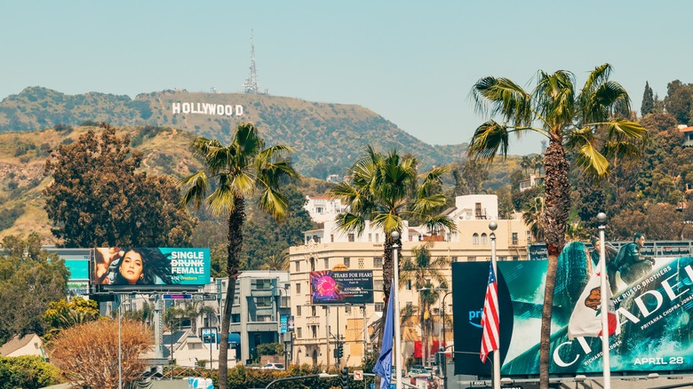 Hollywood sign over Sunset Boulevard in Los Angeles