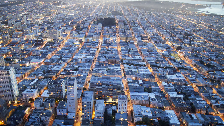 An aerial view of San Francisco, including the Polk Gulch neighborhood