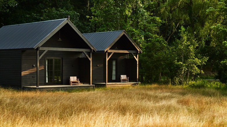 Exterior view of Inness cabins surrounded by nature in the Hudson Valley, New York