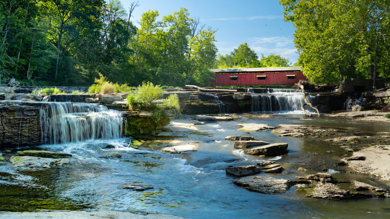 Cataract Falls and its covered bridge in Indiana