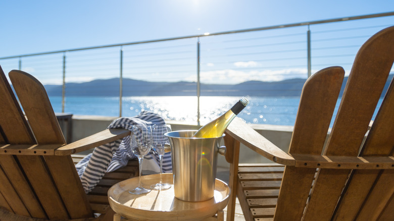 A bottle of champagne by the cruise deck