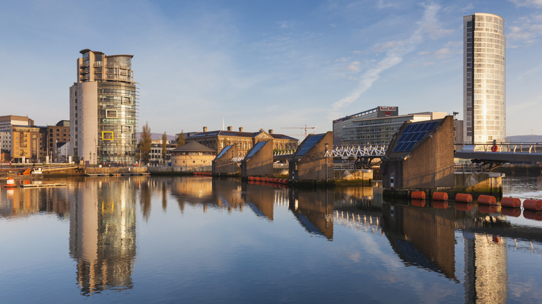 Buildings along the river in Belfast in Northern Ireland