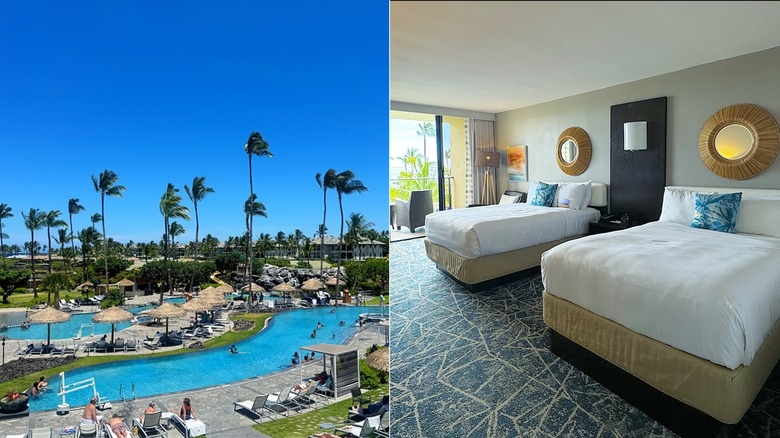 Pools at Waikoloa Marriott Beach Resort & Spa and a room with two queen beds