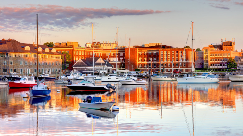 Boat-filled marina at dusk in Falmouth, Massachusetts