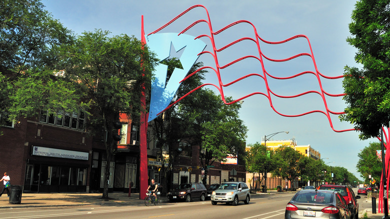 Metal flag of Puerto Rico in Humboldt Park area of Chicago, Illinois