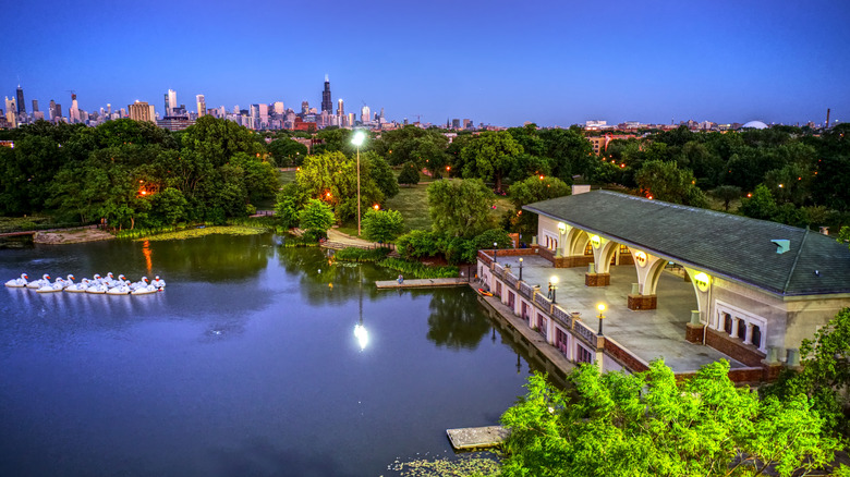 Humboldt Park lagoon and dock in Chicago, Illinois