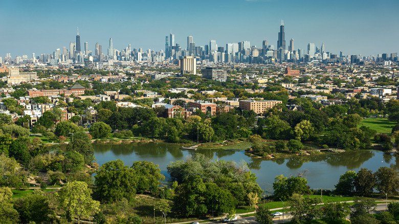 Humboldt Park and the Chicago skyline in Illinois