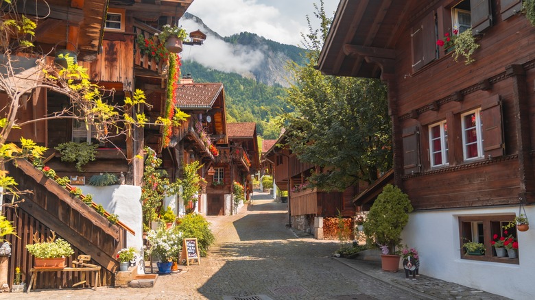 Wooden chalets on the street of Brunngasse, Switzerland