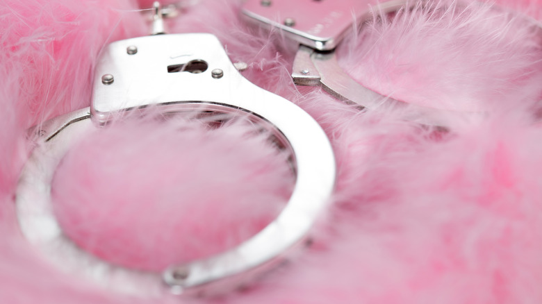 A pair of handcuffs on pink faux fur