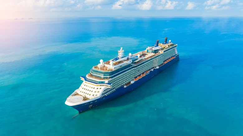 A cruise ship sailing on blue waters