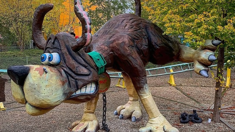 A dog statue at the Hundeprutten roller coaster at BonBon Land in Denmark