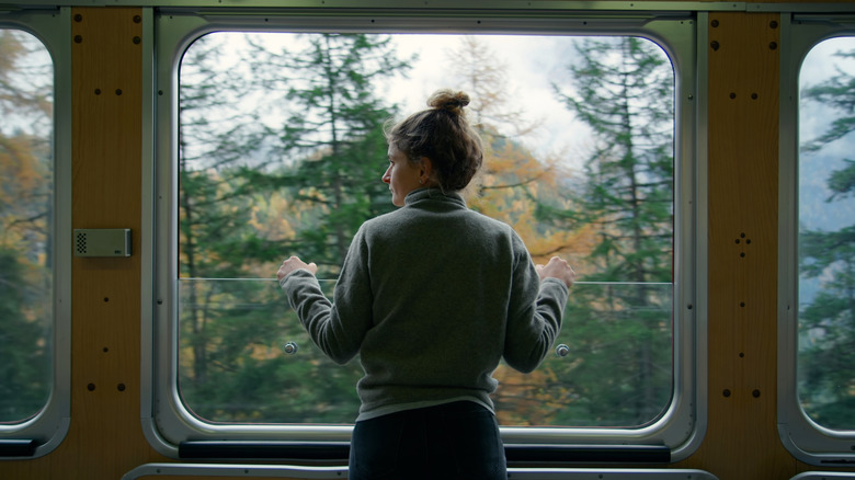 A woman and train window