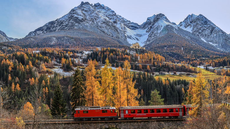 A train with mountains