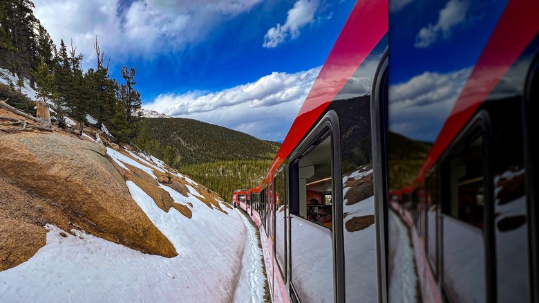 A red train in snow