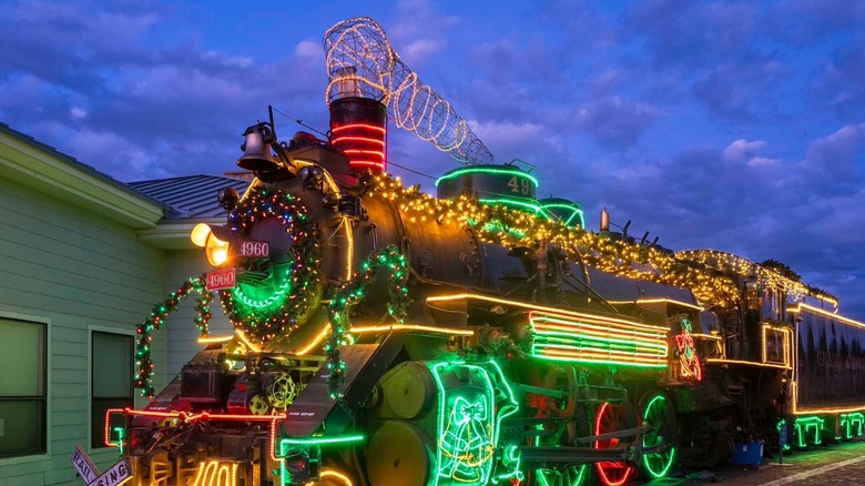 Train covered in Christmas lights