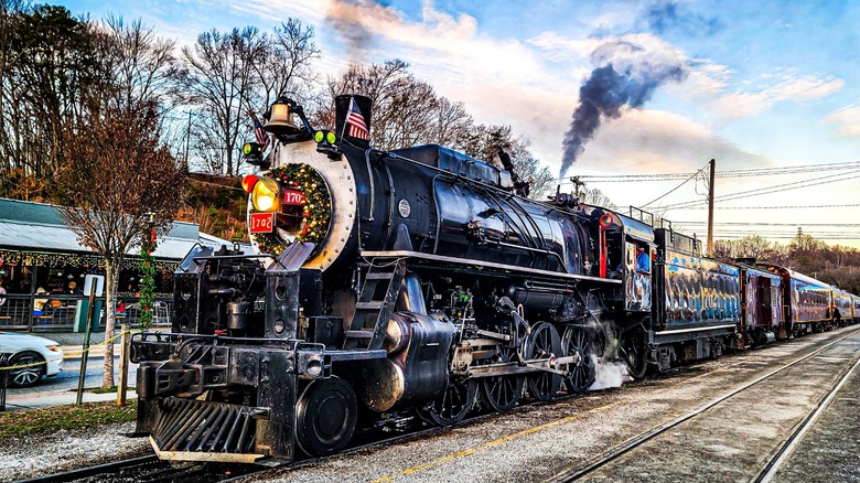 A steam train with ornaments