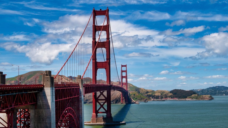 Golden Gate Bridge in front of a blue sky