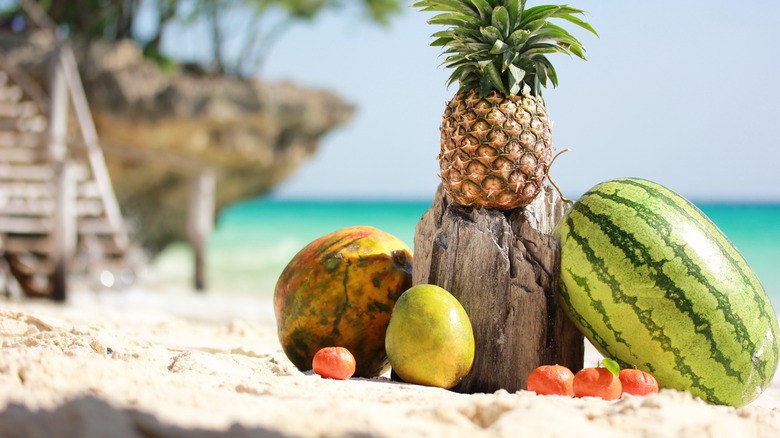 Cornucopia of fruits on beach 