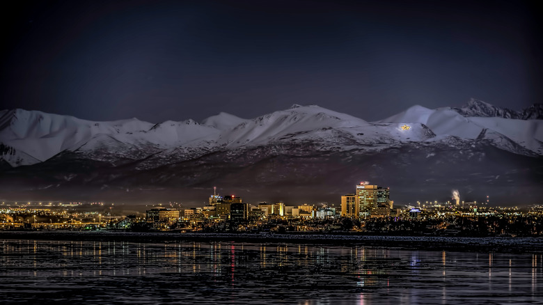 Anchorage skyline at night in winter