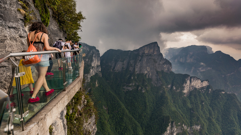 people walk along cliffside skywalk on foggy day