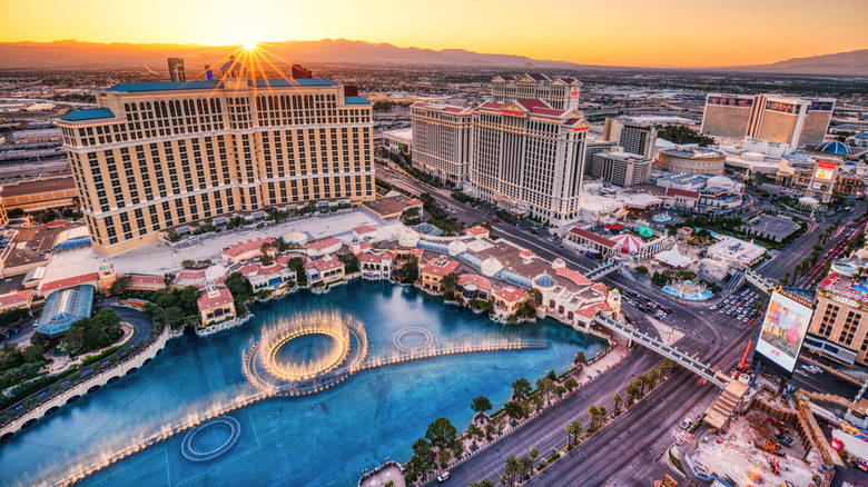 A wide shot of The Bellagio Resort & Casino, Las Vegas with a desert background