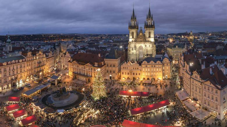 Ariel view of the Christmas market in Prague