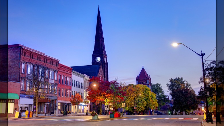 A street and church steeple in Northhampton, Massachusetts