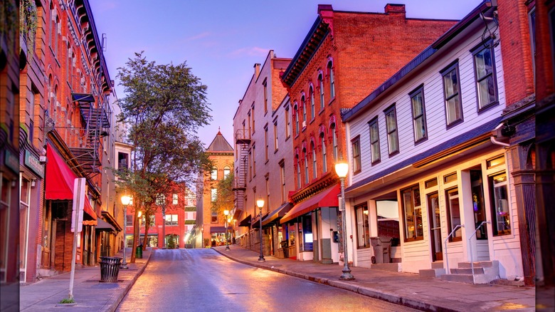 A lamplit street in Saratoga Springs, New York