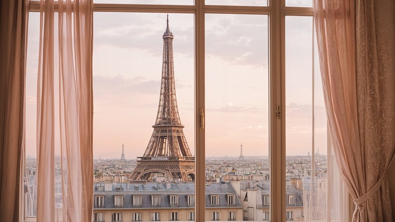 View of Eiffel Tower from hotel room window