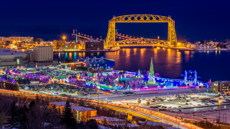 Aerial view of Christmas lights in Duluth