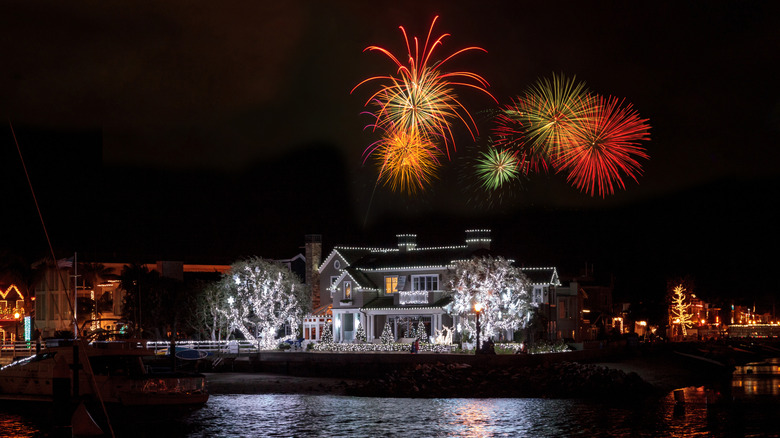 Fireworks over water in Newport Beach