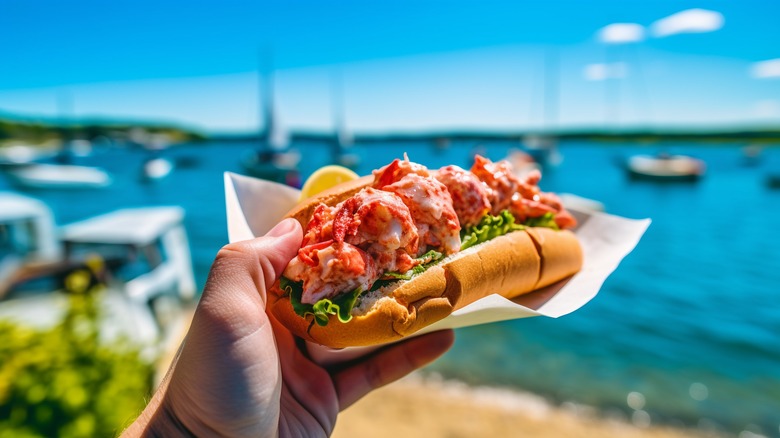 Hand holding lobster roll over the ocean coast