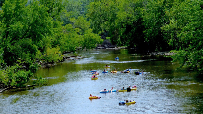 A group of people tubing down a river in various types of tubes