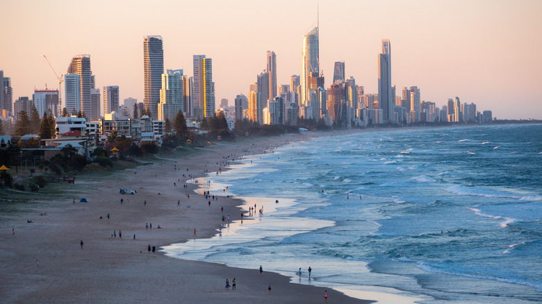 Beach in Australia with skyscrapers in the background