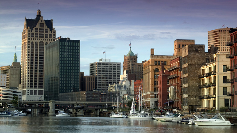 Milwaukee skyline behind water