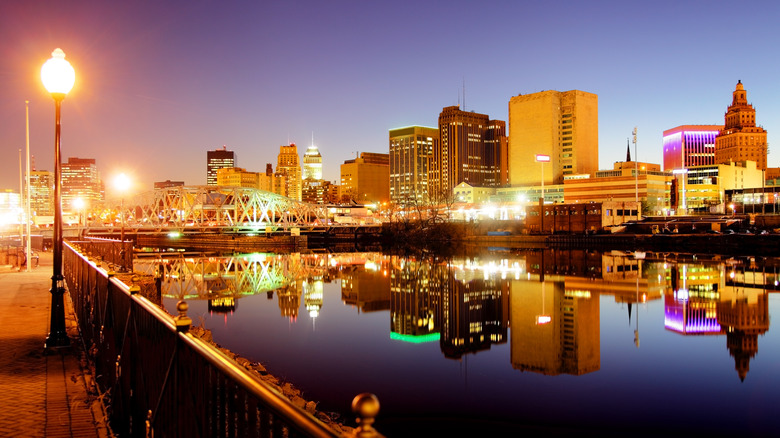 Nighttime Newark skyline on river