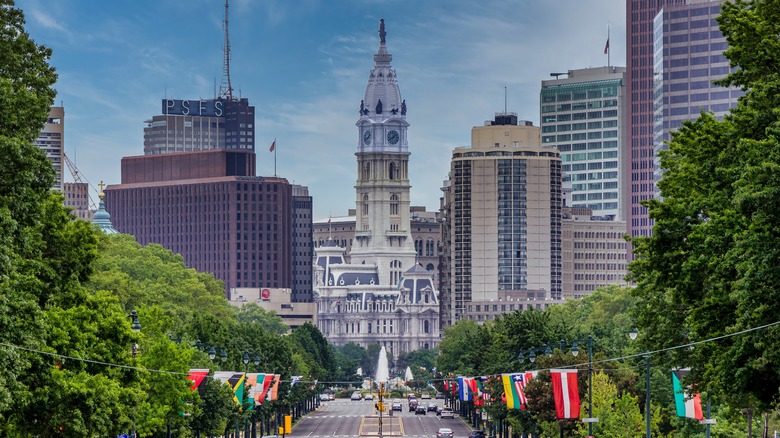 street in Philadelphia with flags