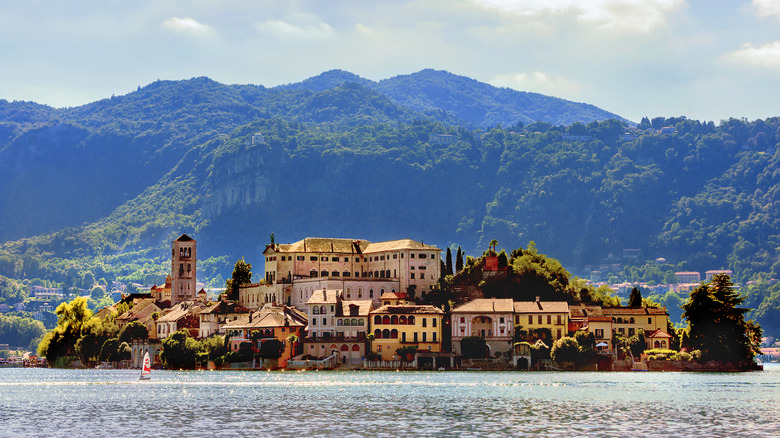 Lake Orta town and mountains