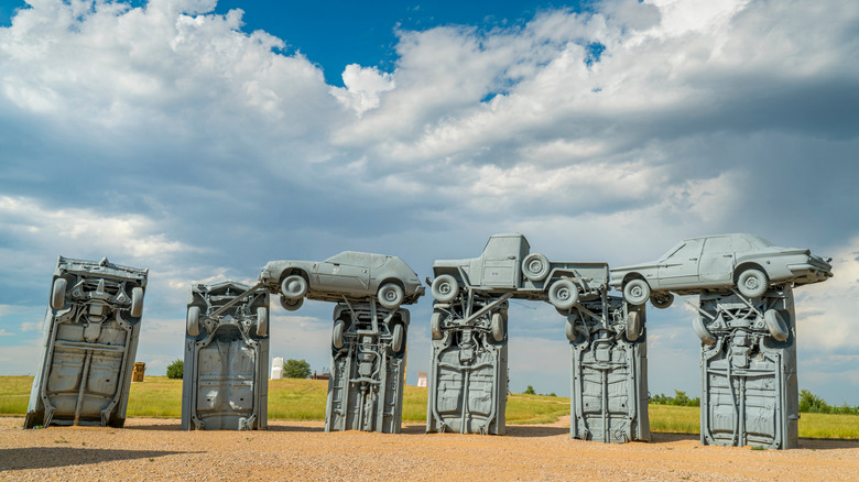 Cars stacked to resemble Stonehenge