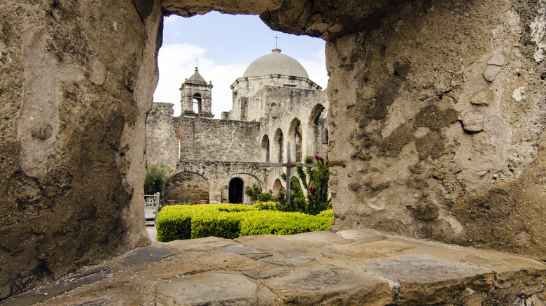 View of mission through stone window