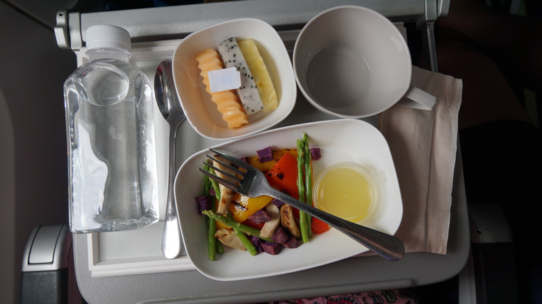 Sample of an airplane food tray packed with vegan options