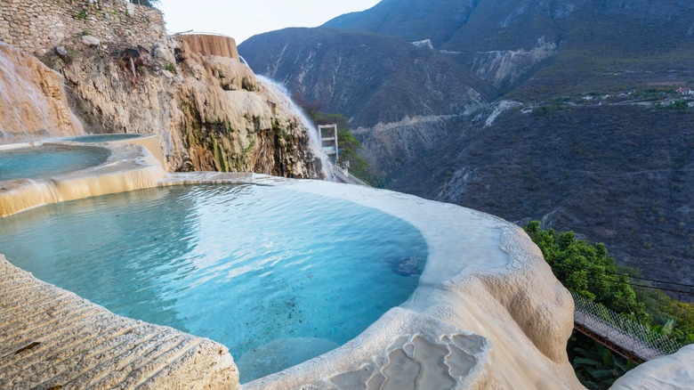 The white limestone pools of the Grutas de Tolantongo, Mexico