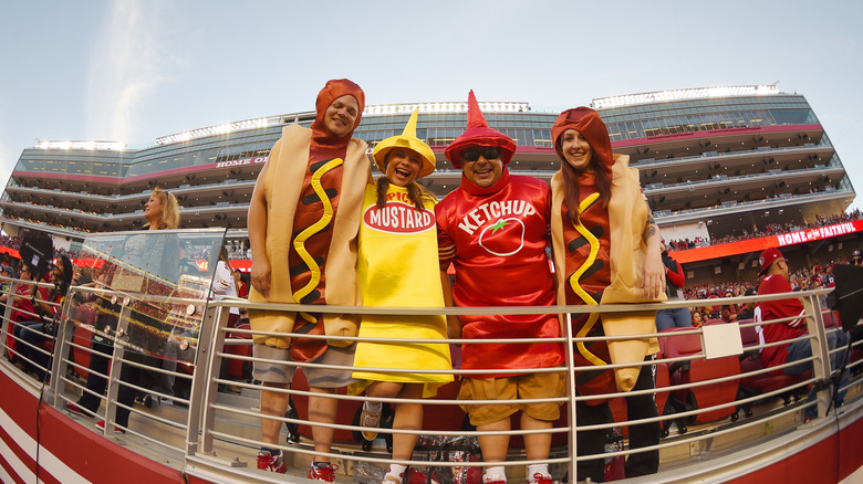 Fans dressed as hotdogs and condiments at NFL stadium