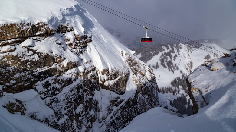 A gondola moving through the mountain range in Jackson Hole Ski Resort in Wyoming